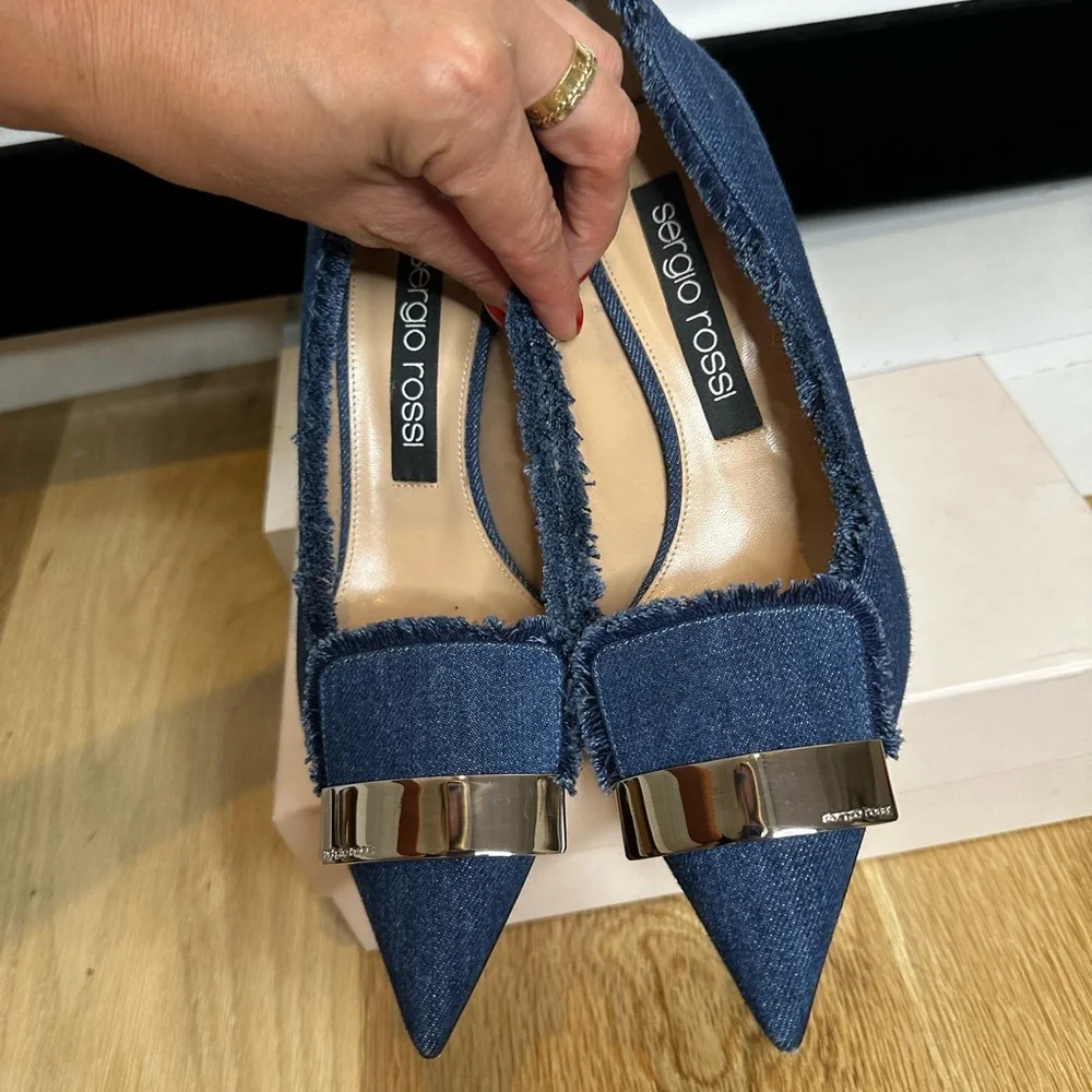 Sergio Rossi frayed denim pumps 40 9.40 3” heel heels pump jeans silver metal - Picture 4 of 9